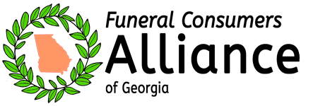 Funeral Consumers Alliance of Georgia with image of a circular white laurel wreath displaying a peach-color map of Georgia in the center of the wreath